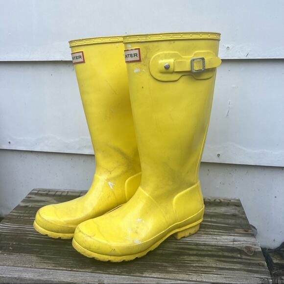 Hunter tall yellow waterproof rubber rain boots kids 4.5/5 - Picture 3 of 7